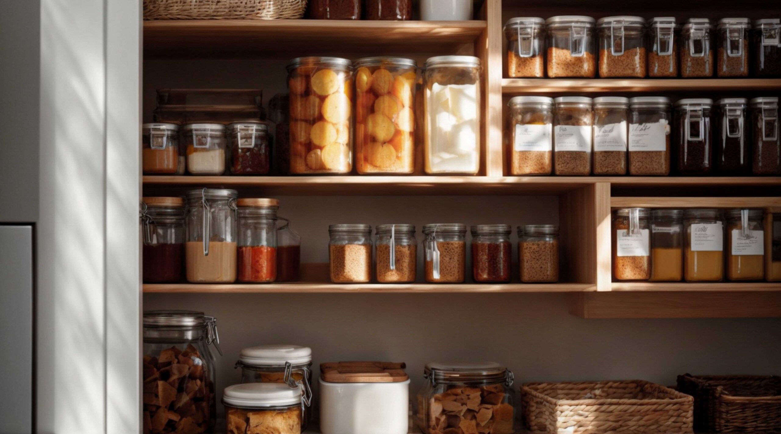 Organisierter Schrank in der Speisekammer im gemütlichen Landhausstil
