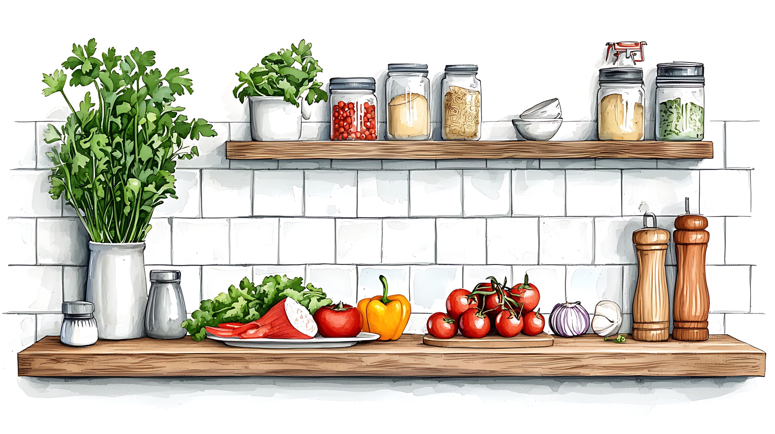 Aquarellillustration eines rustikalen Küchenregals mit frischem Gemüse, Kräutern und Grundnahrungsmitteln aus der Speisekammer.