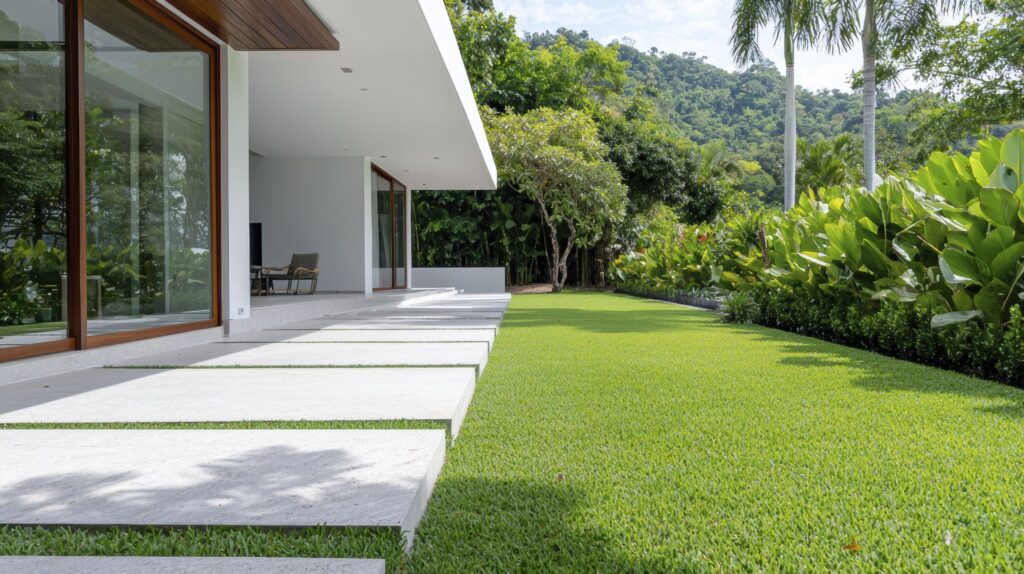 Moderne Terrasse mit Feinsteinzeugplatten und Gartenblick