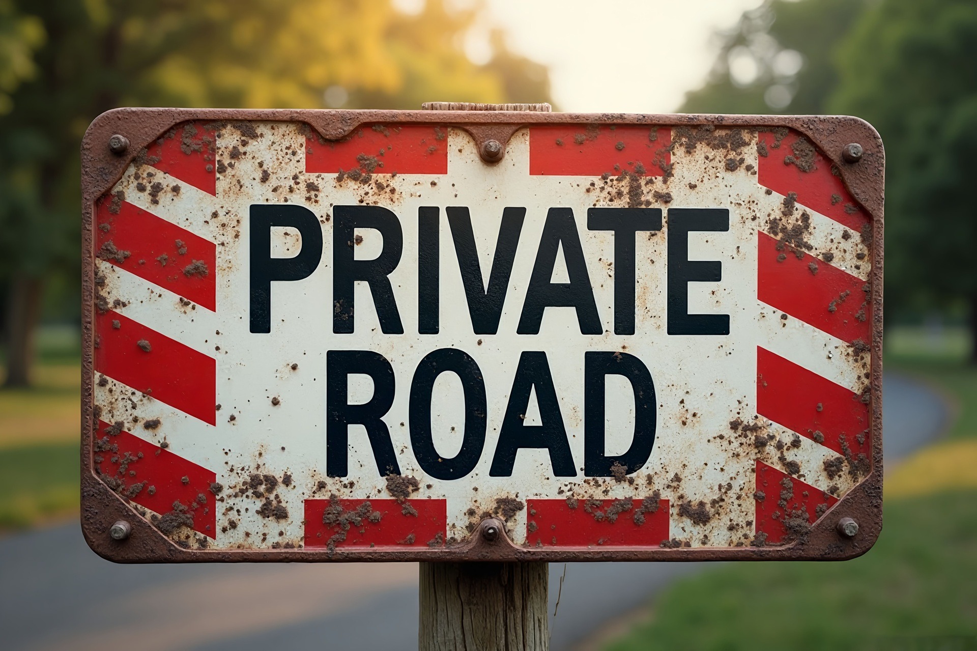 Altes Schild mit Aufschrift Private Road | Fahrbahnmarkierung