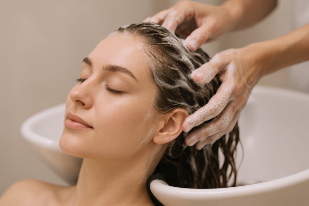 Frau entspannt bei Haarwäsche im Friseursalon | Extensions