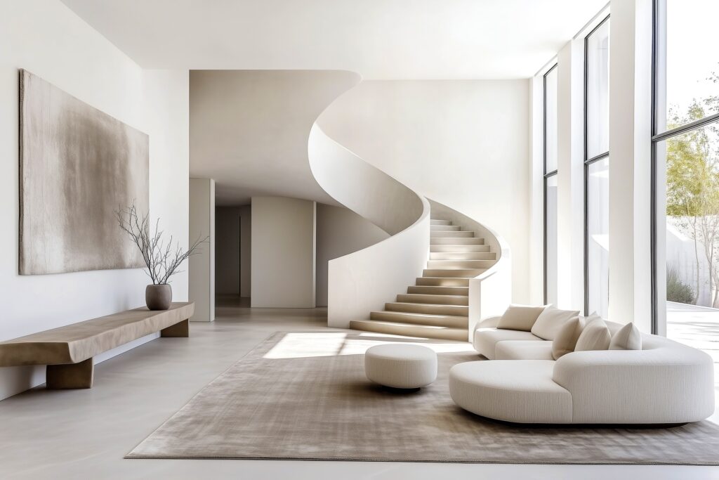 Helles Wohnzimmer mit moderner Wendeltreppe | Garderobenständer weiß