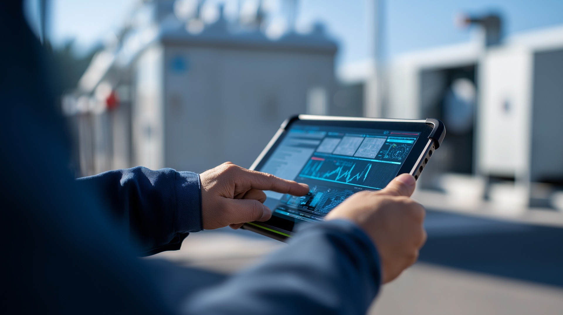 Person nutzt Tablet mit digitalem Monitoring-Dashboard | KI Lösungen